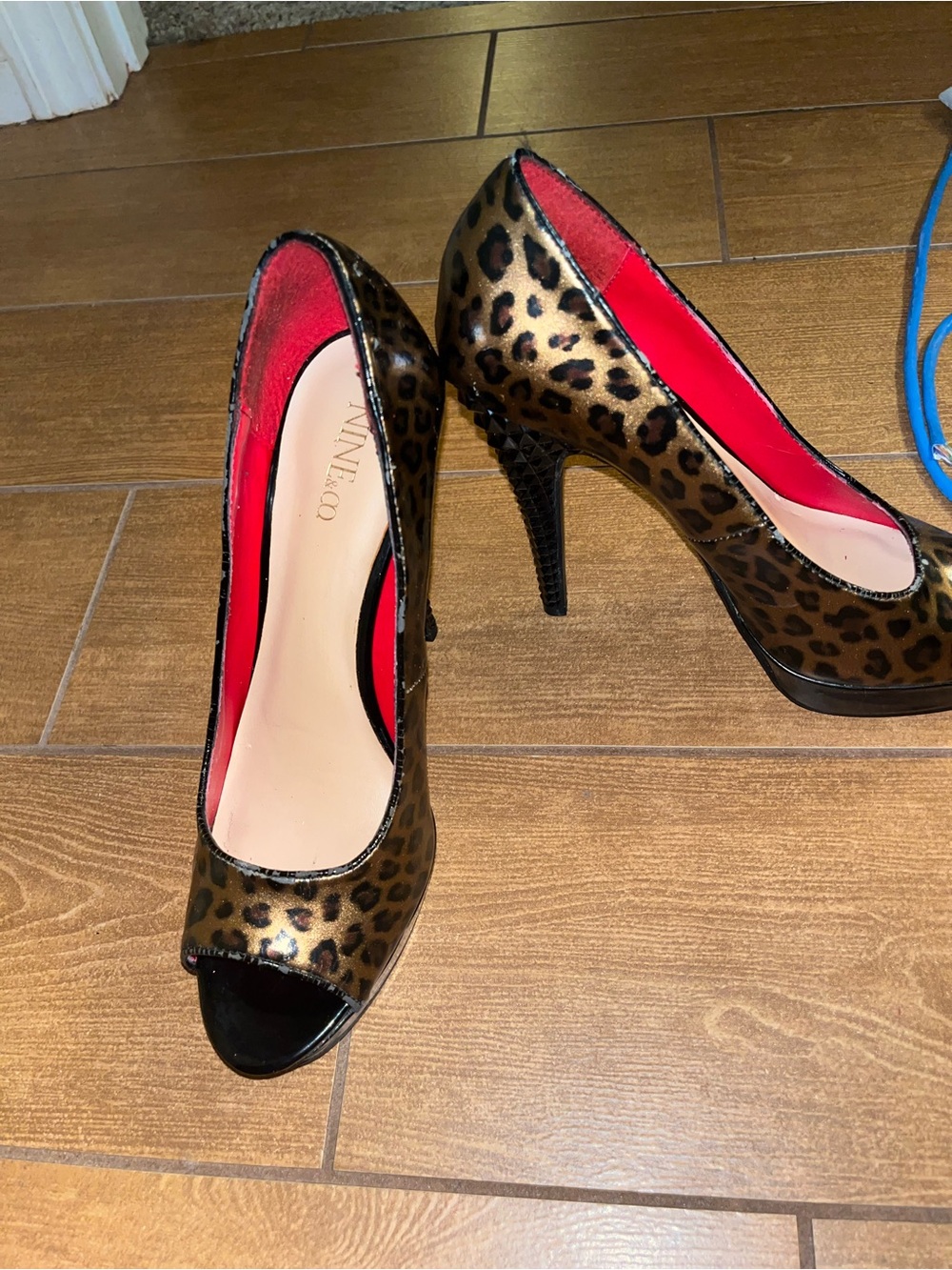 Nine & Co Leopard Print Peep-Toe Heels with Red Lining